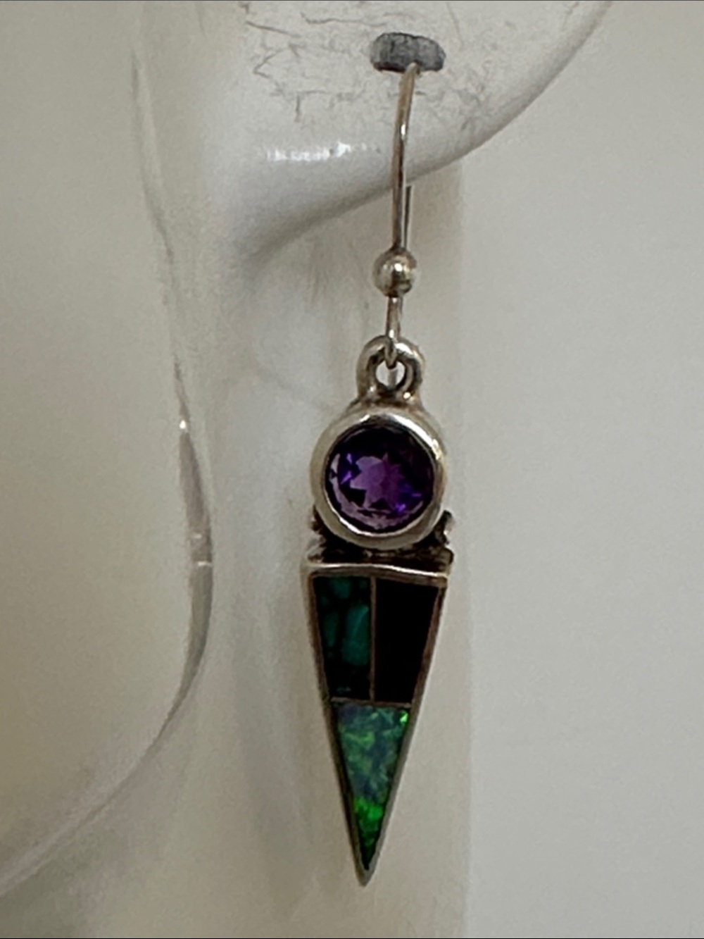 NAVAJO 925 Sterling Silver Amethyst Teal Inlay Dangle Earrings